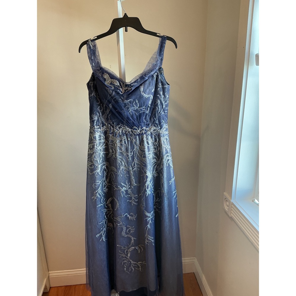 Rene Ruiz Navy Blue Silver Metallic Embroidered Off Shoulder Evening Gown Dress